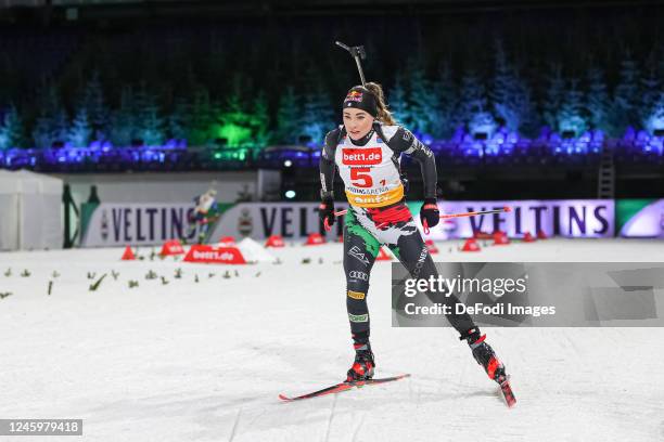 Dorothea Wierer of Italy is skiing during the Bett1 Biathlon Team Challenge at Veltins Arena on December 28, 2022 in Gelsenkirchen, Germany.