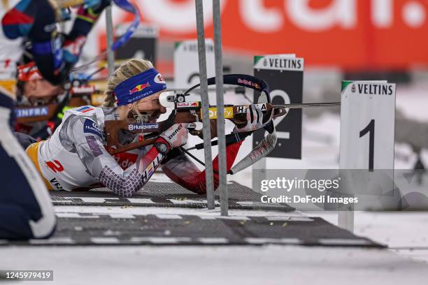 Lisa Theresa Hauser of Austria at the Shootout during the Bett1 Biathlon Team Challenge at Veltins Arena on December 28, 2022 in Gelsenkirchen,...