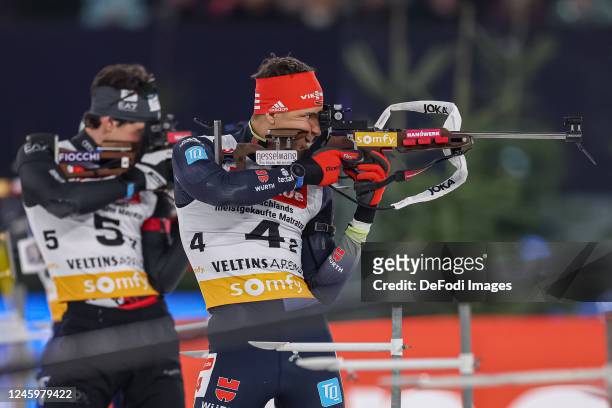 Philipp Nawrath of Germany at the Shootout during the Bett1 Biathlon Team Challenge at Veltins Arena on December 28, 2022 in Gelsenkirchen, Germany.