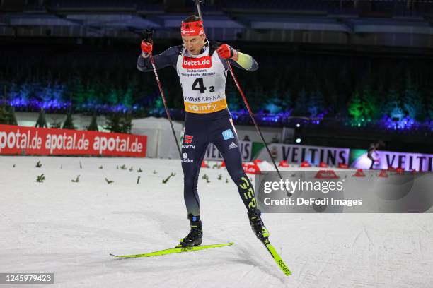 Philipp Nawrath of Germany is skiing during the Bett1 Biathlon Team Challenge at Veltins Arena on December 28, 2022 in Gelsenkirchen, Germany.