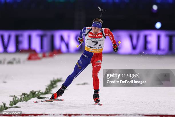 Fabien Claude of France is skiing during the Bett1 Biathlon Team Challenge at Veltins Arena on December 28, 2022 in Gelsenkirchen, Germany.