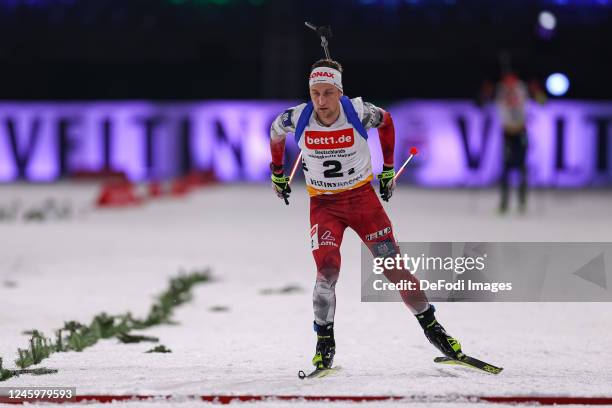 Felix Leitner of Austria is skiing during the Bett1 Biathlon Team Challenge at Veltins Arena on December 28, 2022 in Gelsenkirchen, Germany.