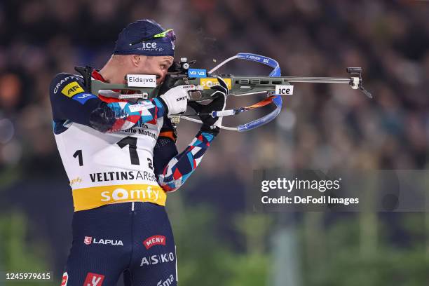 Vetle Sjastad Christiansen of Norway shoot during the Bett1 Biathlon Team Challenge at Veltins Arena on December 28, 2022 in Gelsenkirchen, Germany.