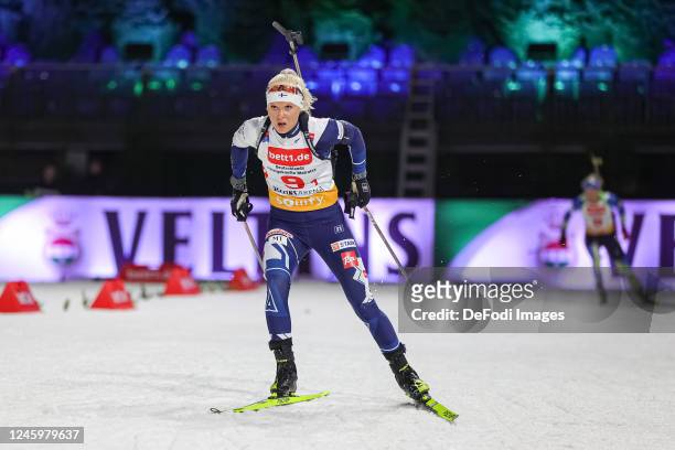 Mari Eder of Finnland is skiing during the Bett1 Biathlon Team Challenge at Veltins Arena on December 28, 2022 in Gelsenkirchen, Germany.