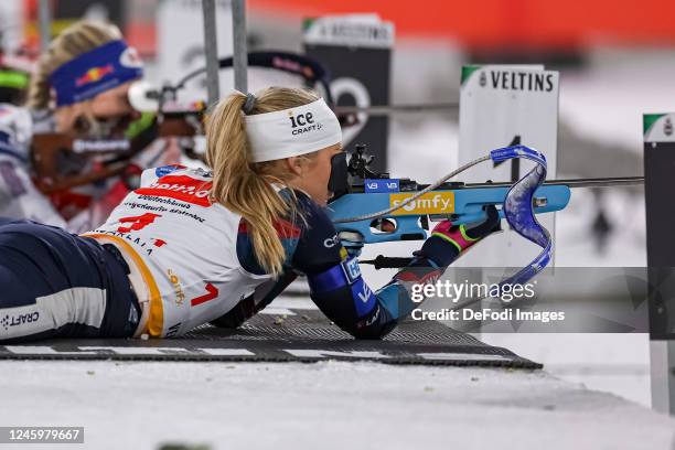 Ingrid Landmark Tandrevold of Norway at the Shootout during the Bett1 Biathlon Team Challenge at Veltins Arena on December 28, 2022 in Gelsenkirchen,...