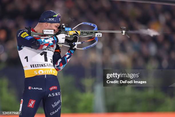 Vetle Sjastad Christiansen of Norway shoot during the Bett1 Biathlon Team Challenge at Veltins Arena on December 28, 2022 in Gelsenkirchen, Germany.