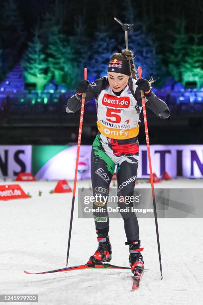 Dorothea Wierer of Italy is skiing during the Bett1 Biathlon Team Challenge at Veltins Arena on December 28, 2022 in Gelsenkirchen, Germany.