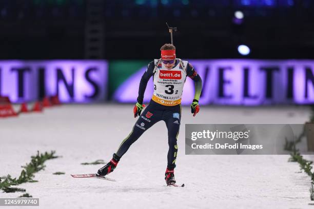 Benedikt Doll of Germany is skiing during the Bett1 Biathlon Team Challenge at Veltins Arena on December 28, 2022 in Gelsenkirchen, Germany.