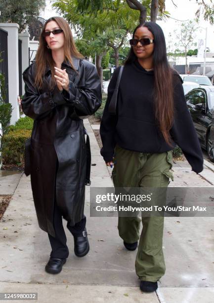 Hailey Bieber and Justine Skye are seen on January 3, 2023 in Los Angeles, California.