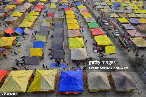 General view shows tents at the Sangam, the confluence of the rivers Ganges and Yamuna, and the mythical Saraswati, ahead of the one month long...