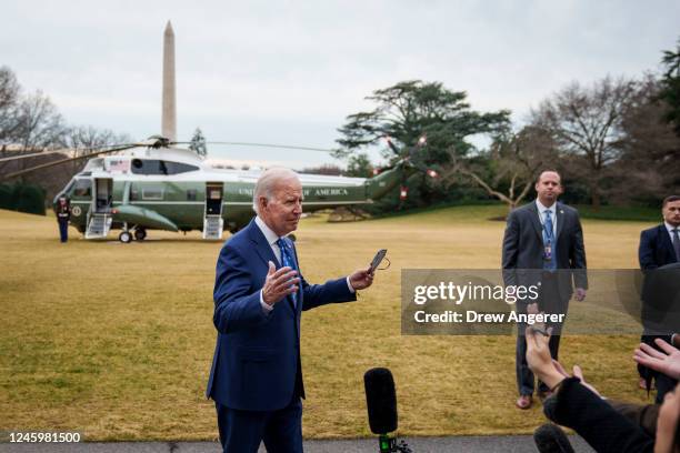 President Joe Biden talks to reporters before walking to Marine One on the South Lawn of the White House January 4, 2023 in Washington, DC. President...