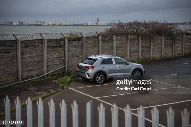 Newly imported Volkswagen T-Roc awaits delivery to a customer after being shipped to Sheerness port, on January 4, 2023 in Sheerness, England. New...