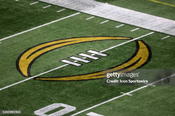 General view of the CFP logo before the college football Playoff Semifinal game at the Chick-fil-a Peach Bowl between the Georgia Bulldogs and the...