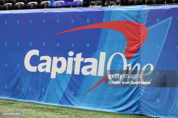 General view of Capital One signage during the college football Playoff Semifinal game at the Chick-fil-a Peach Bowl between the Georgia Bulldogs and...