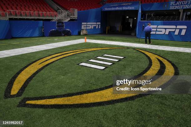 General view of the College Football Playoff logo before the college football Playoff Semifinal game at the Chick-fil-a Peach Bowl between the...