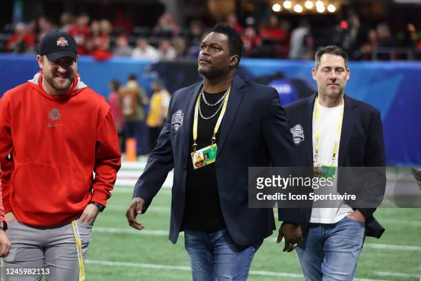 College Football Hall of Fame Inductee LaVar Arrington of Penn State is on the field for the college football Playoff Semifinal game at the...