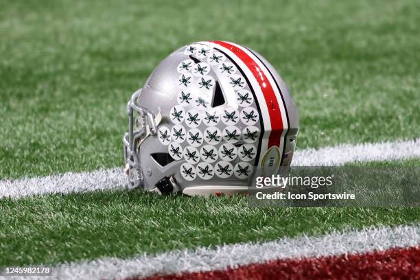 General view of an Ohio State Buckeyes helmet during the college football Playoff Semifinal game at the Chick-fil-a Peach Bowl between the Georgia...