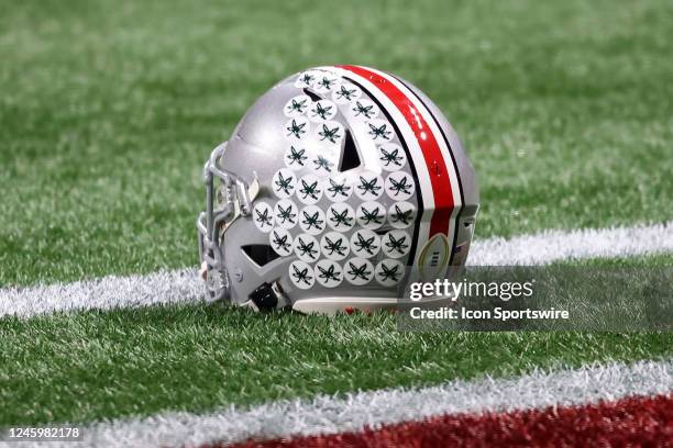 General view of an Ohio State Buckeyes helmet during the college football Playoff Semifinal game at the Chick-fil-a Peach Bowl between the Georgia...