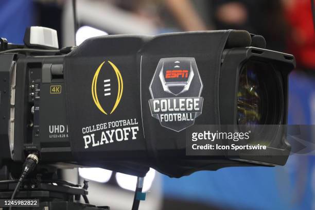 General view of a television camera with ESPN college football and college football playoff logos during the college football Playoff Semifinal game...