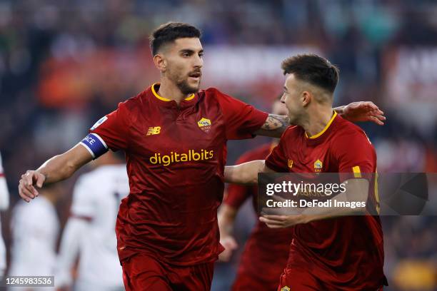 Lorenzo Pellegrini of AS Roma celebrates with Stephan El Shaarawy of AS Roma after scoring his team's first goal during the Serie A match between AS...