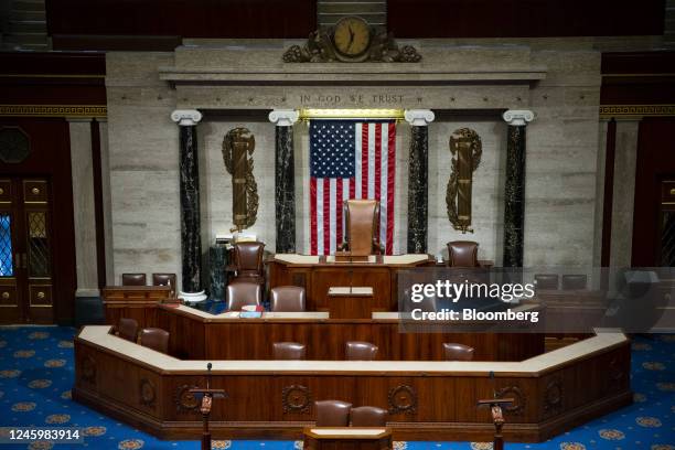 An empty House Speaker chair before a meeting of the 118th Congress in the House Chamber at the US Capitol in Washington, DC, US, on Wednesday, Jan....