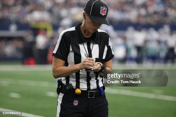Female NFL Referee Sarah Thomas an NFL football game between the Dallas Cowboys and the Atlanta Falcons Sunday, Sept. 27 in Arlington, Texas.