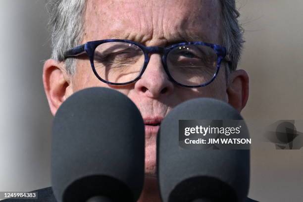 Ohio Governor Mike DeWine speaks next to the Clay Wade Bailey Bridge in Covington, Kentucky, on January 4, 2023.