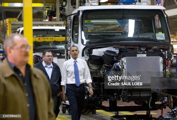 President Barack Obama tours the Daimler Trucks North America Manufacturing plant prior to speaking on the economy and jobs in Mount Holly, North...