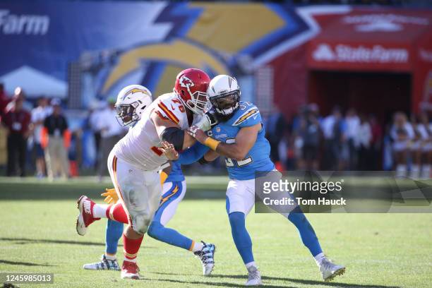 Kansas City Chiefs offensive guard Laurent Duvernay-Tardif and San Diego Chargers free safety Eric Weddle in action during an NFL football game...
