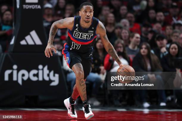 Rodney McGruder of the Detroit Pistons dribbles up the court during a game against the Portland Trail Blazers at Moda Center on January 02, 2023 in...