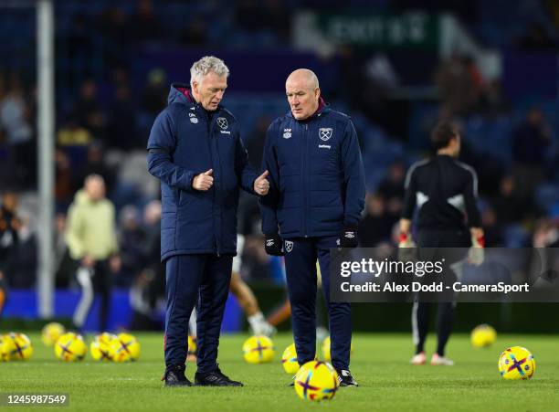 West Ham United manager David Moyes talks to assistant Mark Warburton during the Premier League match between Leeds United and West Ham United at...