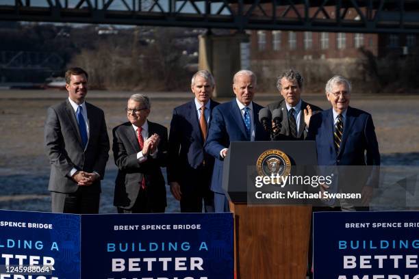 President Joe Biden appears on stage with Kentucky Gov. Andy Beshear, Ohio Gov. Mike DeWine, former Ohio Senator Rob Portman, Ohio Senator Sherod...