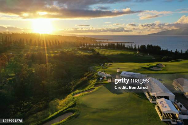 An aerial view of the 18th green is seen prior to the Sentry Tournament of Champions on The Plantation Course at Kapalua on January 3, 2023 in...