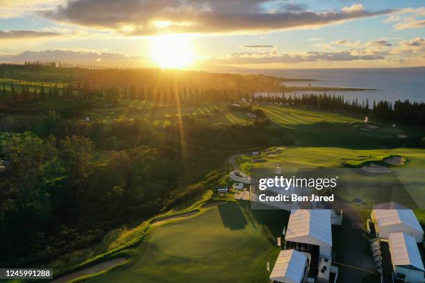 An aerial view of the 18th green is seen prior to the Sentry Tournament of Champions on The Plantation Course at Kapalua on January 3, 2023 in...