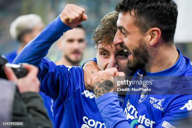 Empoli's Tommaso Baldanzi and Empoli's Francesco Caputo celebrate after scoring a goal during the italian soccer Serie A match Udinese Calcio vs...