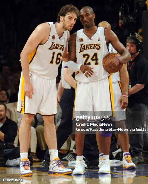 Laker Kobe Bryant talks with Pau Gasol late in the fourth quarter during the Western Conference Semi final playoff basketball game between the Utah...