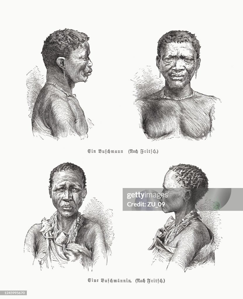 San people (Southern Africa), wood engravings, published in 1891