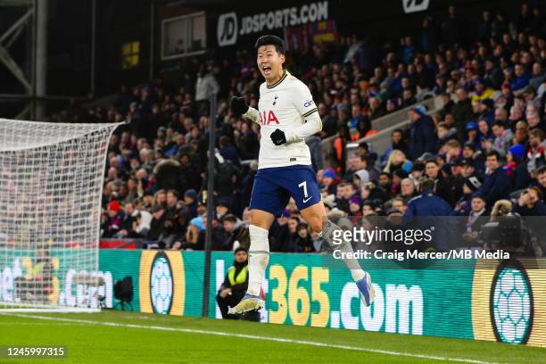Heung-Min Son of Tottenham Hotspur celebrates scoring his side's fourth goal during the Premier League match between Crystal Palace and Tottenham...