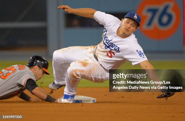 July 05: Los Angeles Dodgers shortstop Corey Seager cant get to the pickoff throw allowing Baltimore Orioles right fielder Joey Rickard to advance to...