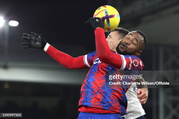 Jordan Ayew of Crystal Palace battles with Clement Lenglet of Tottenham Hotspur during the Premier League match between Crystal Palace and Tottenham...