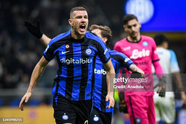 Edin Dzeko of FC Internazionale celebrates after scoring a goal during the Italian Serie A championship football match FC Internazionale vs SSC...