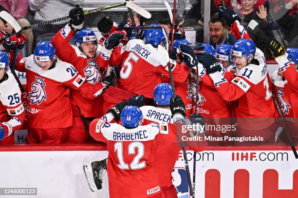 David Jiricek of Team Czech Republic celebrates his game tying goal late in the third period with teammates on the bench against Team Sweden in the...