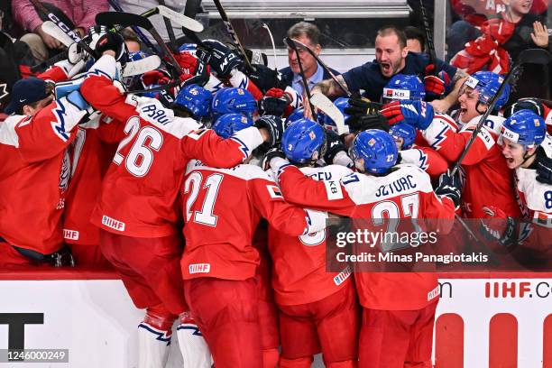 Team Czech Republic celebrate their goal during the third period against Team Sweden in the semifinal round of the 2023 IIHF World Junior...