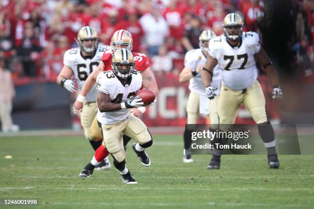 Darren Sproles of the New Orleans Saints runs the ball against theSan Francisco 49ers during the NFC divisional playoff game at Candlestick Park on...