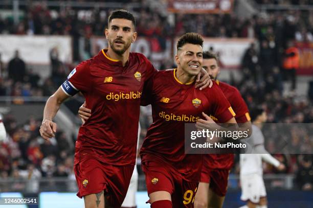 Lorenzo Pellegrini Stephan El Shaarawy celebrates after scoring the goal 1-0 during the Serie A 2022/23 match between AS Roma vs Bologna FC at the...