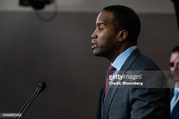 Representative John James, a Republican from Michigan, speaks during a news conference organized by House Republican veterans at the US Capitol in...