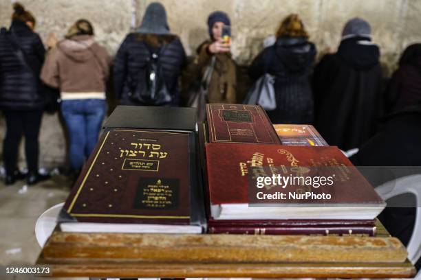 Talmud books at the Women's Section by the Western Wall at the Temple Mount in Jerusalem, Israel on December 27, 2022.