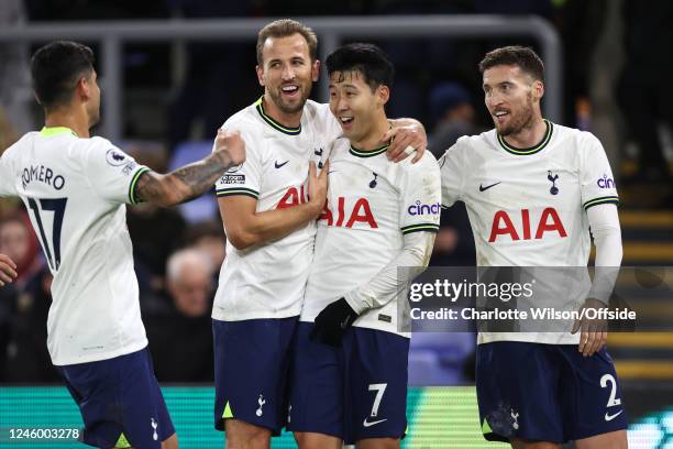 Son Heung-Min of Tottenham Hotspur celebrates scoring their 4th goal with Harry Kane and Matt Doherty during the Premier League match between Crystal...