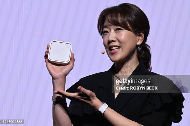 Jaeyeon Jung, Samsung Electronics, Executive Vice President and Head of SmartThings, introduces the new SmartThings Station unit at the Samsung press...