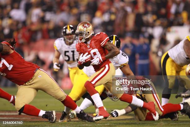 Ted Ginn Jr. #19 of the San Francisco 49ers runs the ball against the Pittsburgh Steelers at Candlestick Park on December 19, 2011 in San Francisco,...